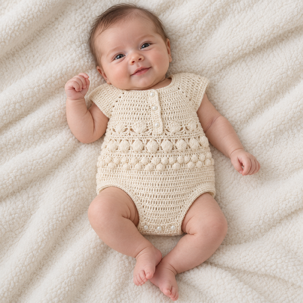 Cream crochet newborn romper worn by baby, button front and textured waist stripe