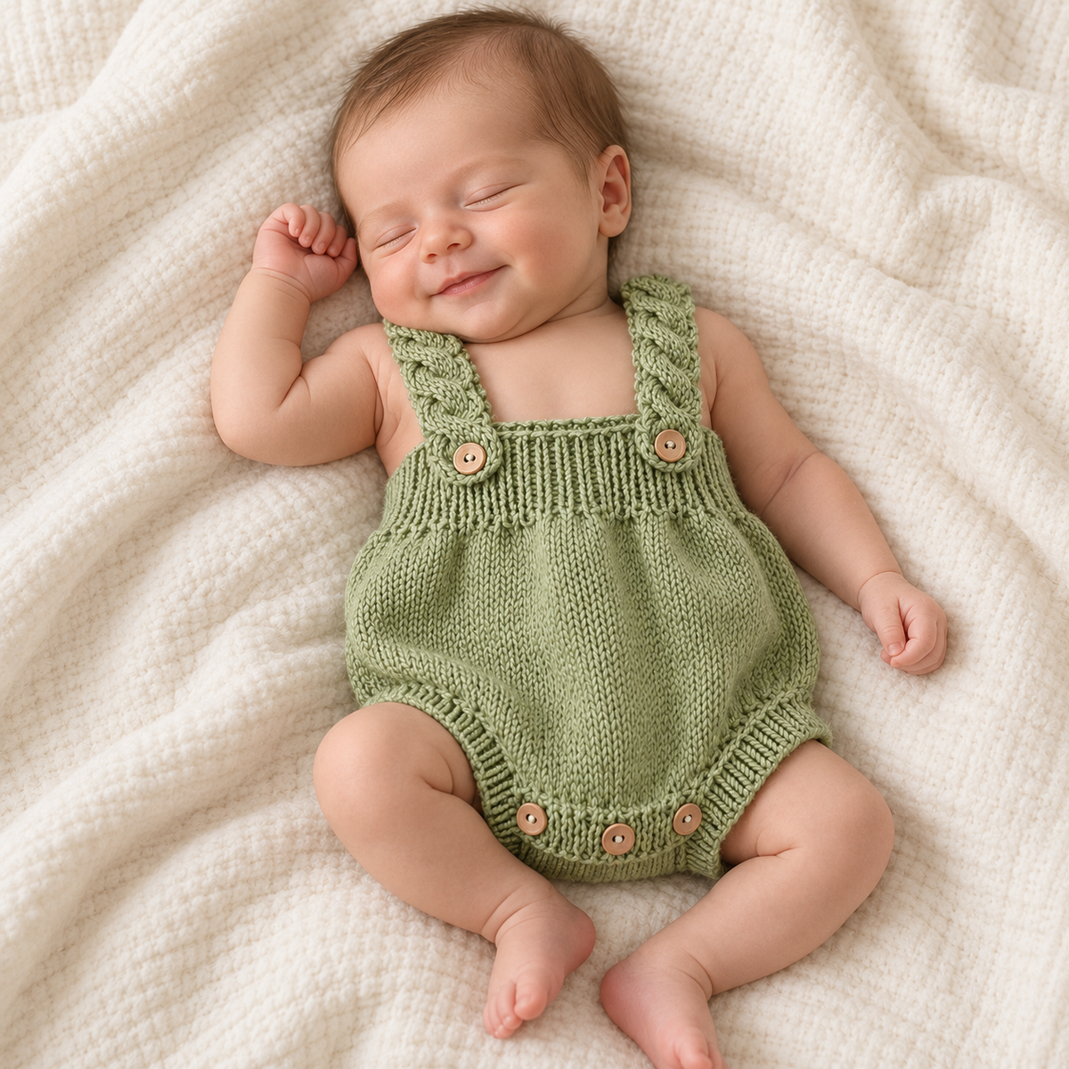 Newborn in green crochet dungaree romper with button straps and short leg openings