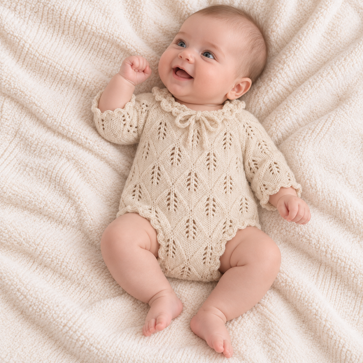 Newborn in cream crocheted long-sleeve romper with ruffled tie collar
