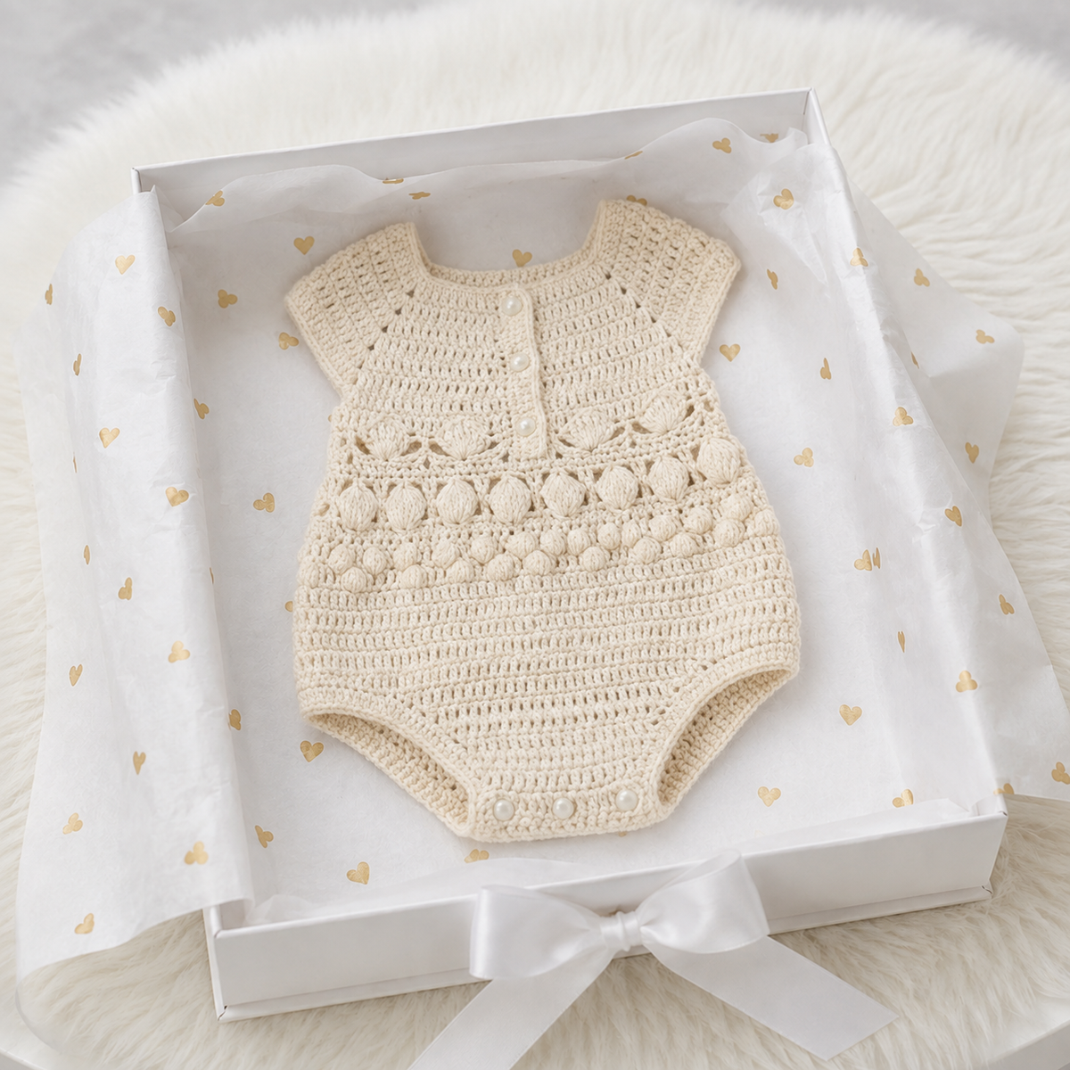100% Handmade Cream Newborn Girl Crochet Romper