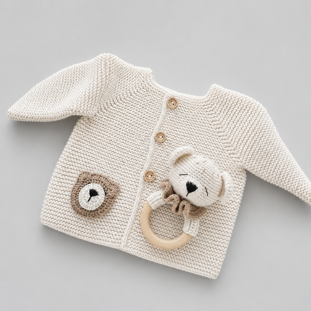 Hand Knitted Newborn Cardigan & Bear Rattle 2-Piece Set