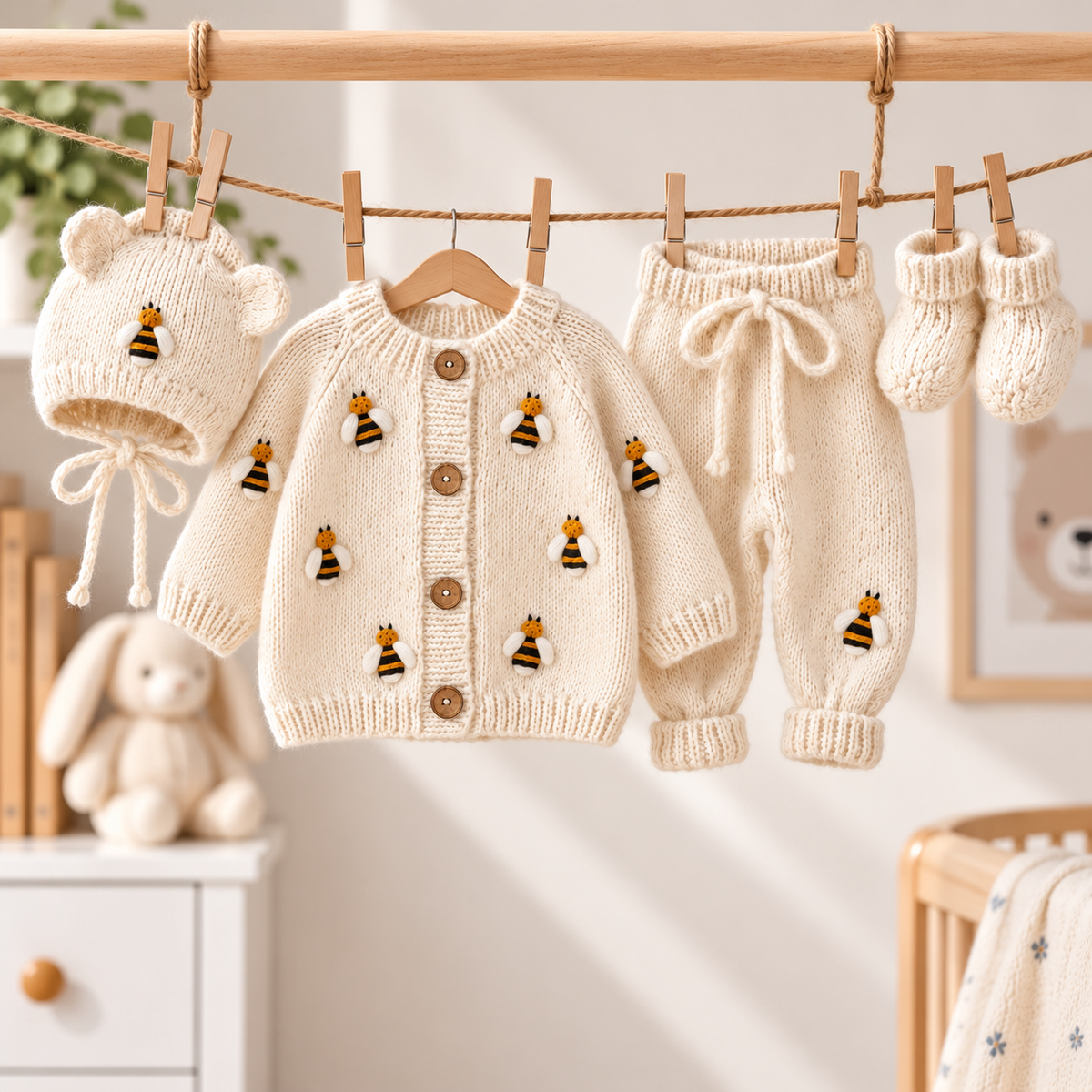 Newborn cream knit 4-piece set: bonnet, cardigan romper, trousers and booties
