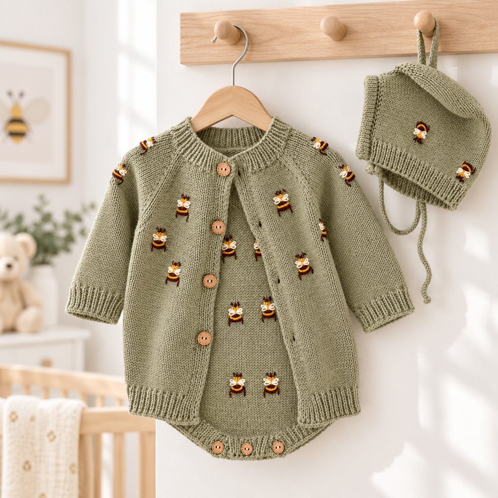 Newborn bee-detail 3-piece knit set in sage green: romper, cardigan, and bonnet