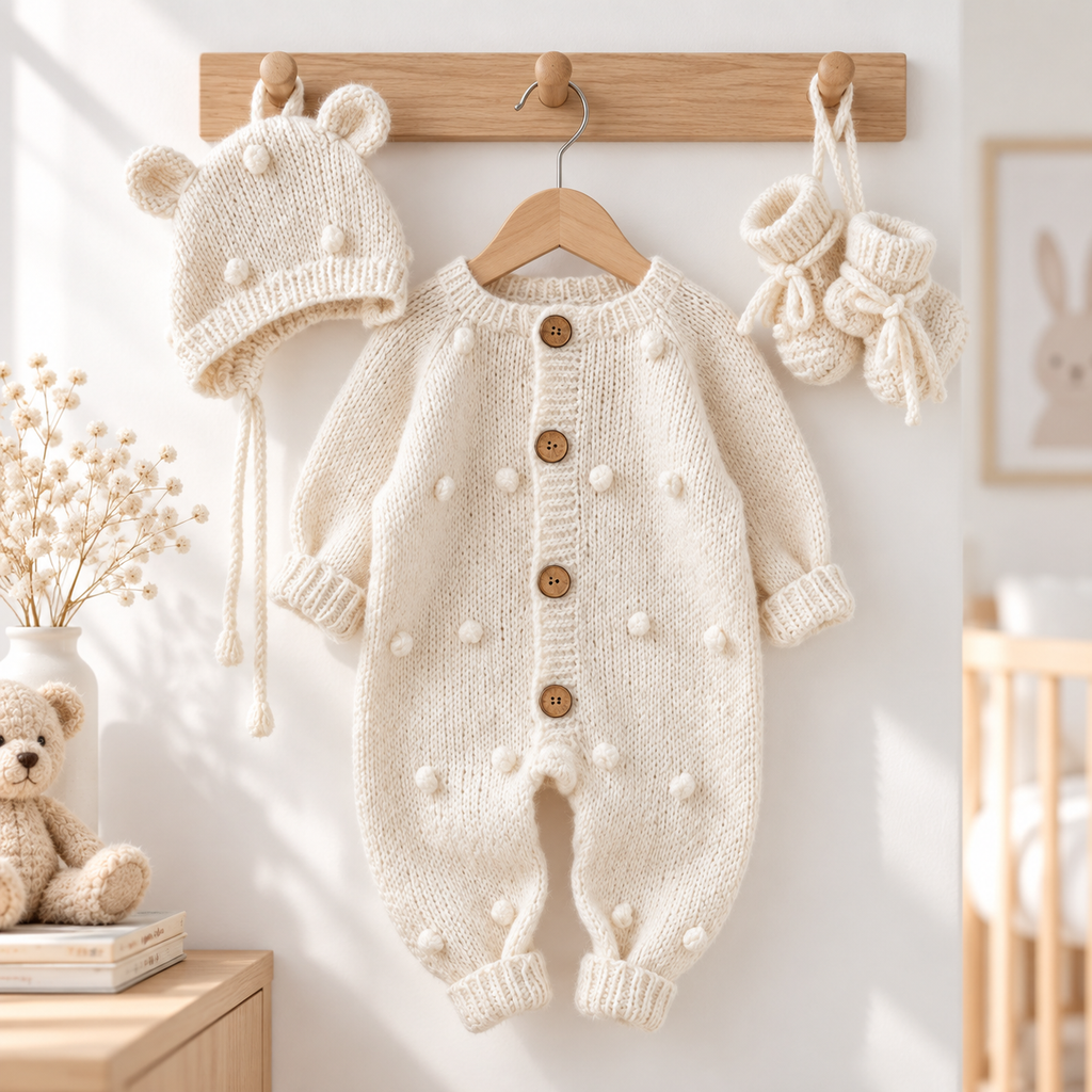 White hand-knitted newborn romper with button placket, pom-pom knit, plus bonnet and booties