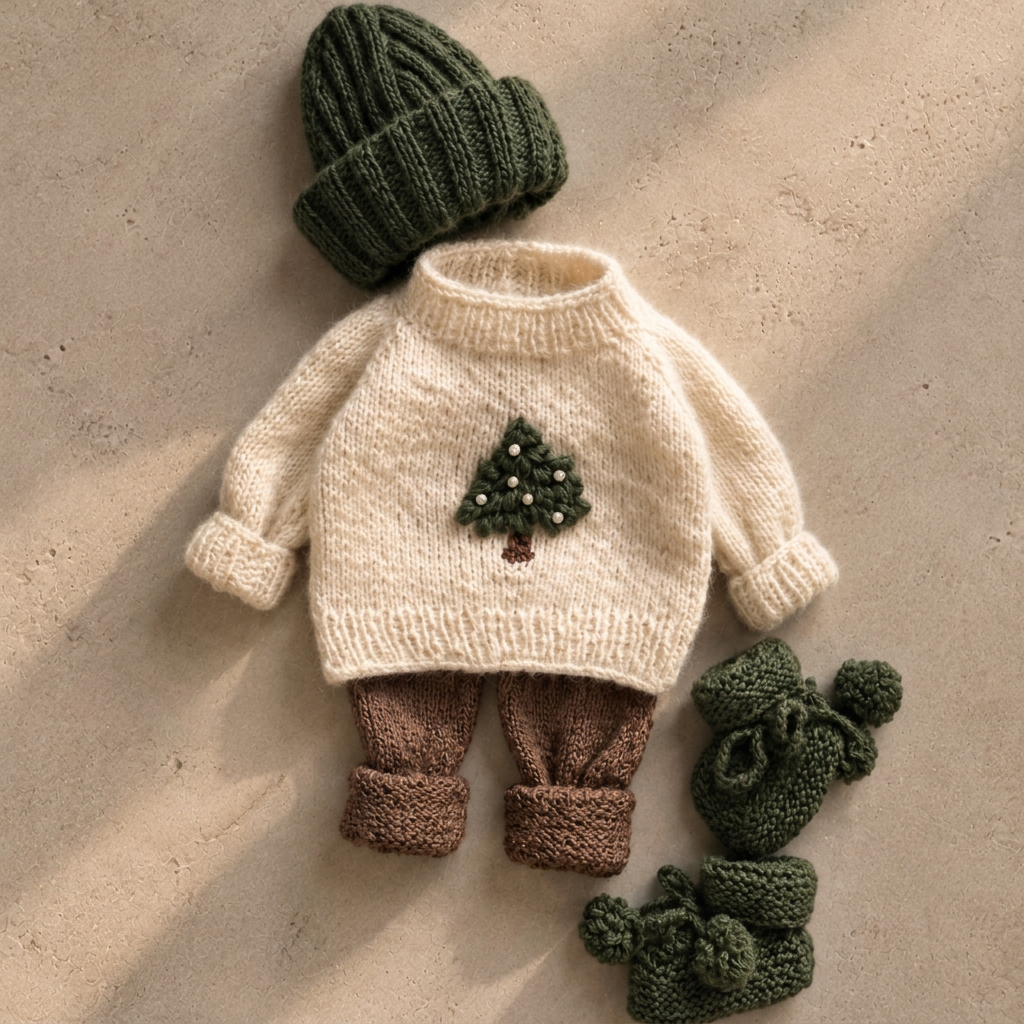 Hand-knitted newborn outfit: cream pine tree sweater, brown pants, green knit hat