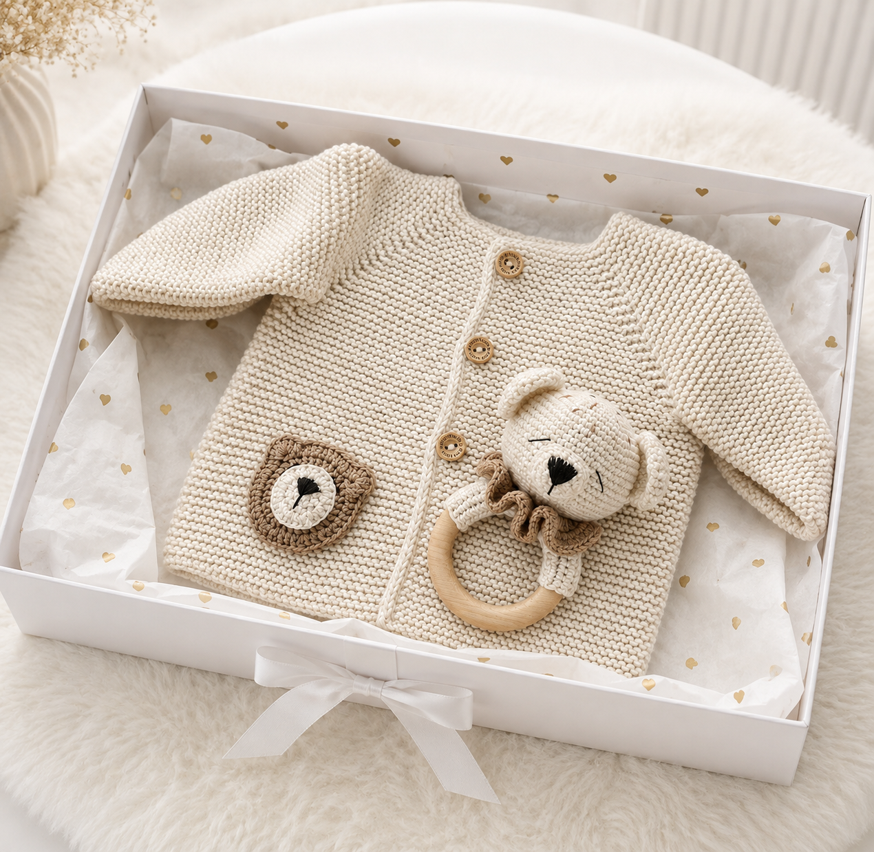 Hand Knitted Newborn Cardigan & Bear Rattle 2-Piece Set