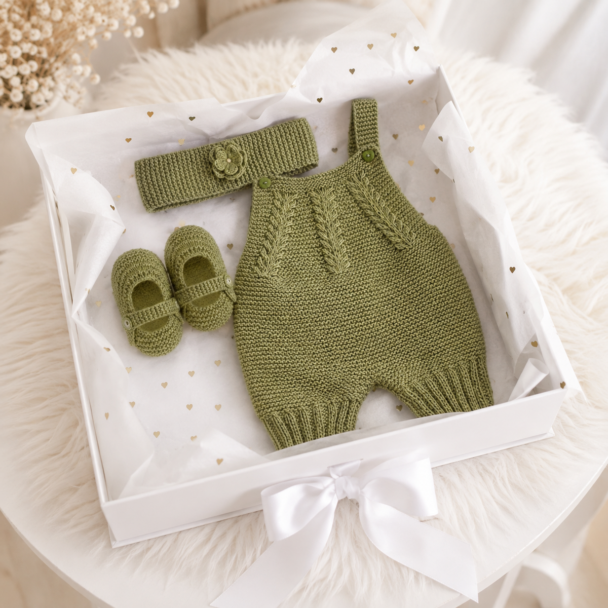 100% Hand Knitted Newborn 3-Piece Set – Green Romper, Bonnet & Booties
