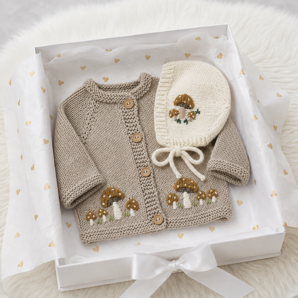 100% Hand Knitted Newborn Mushrooms Detail 3-Piece Set – Cardigan, Bonnet & Trousers, complete newborn baby outfit