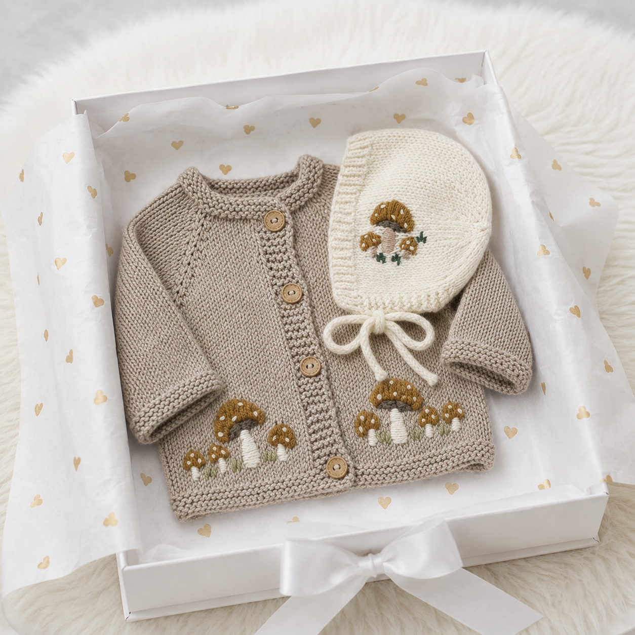 100% Hand Knitted Newborn Mushrooms Detail 3-Piece Set – Cardigan, Bonnet & Trousers, complete newborn baby outfit