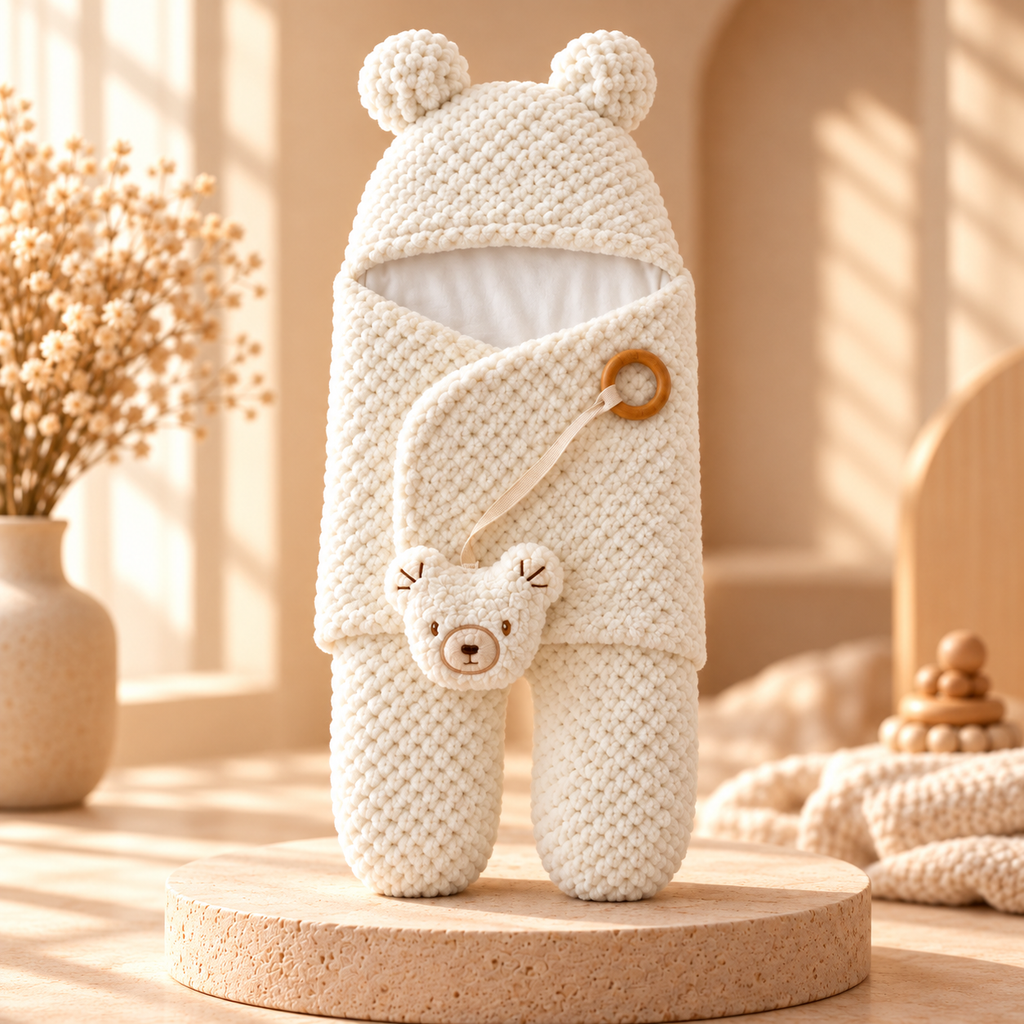 Cream knit baby swaddle sleeping bag with bear ears and attached teddy toy