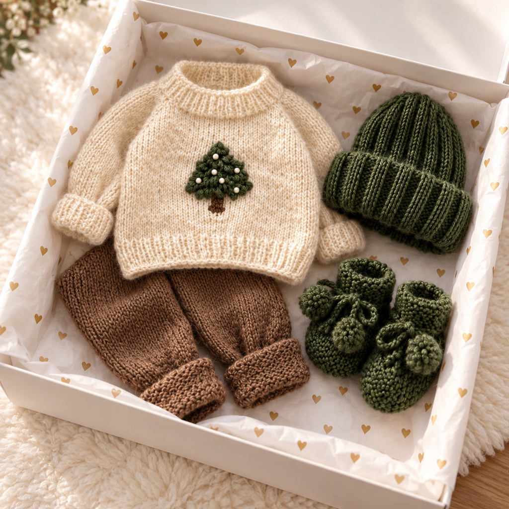 Newborn knitted set in gift box: cream pine tree sweater, brown pants, green hat and booties