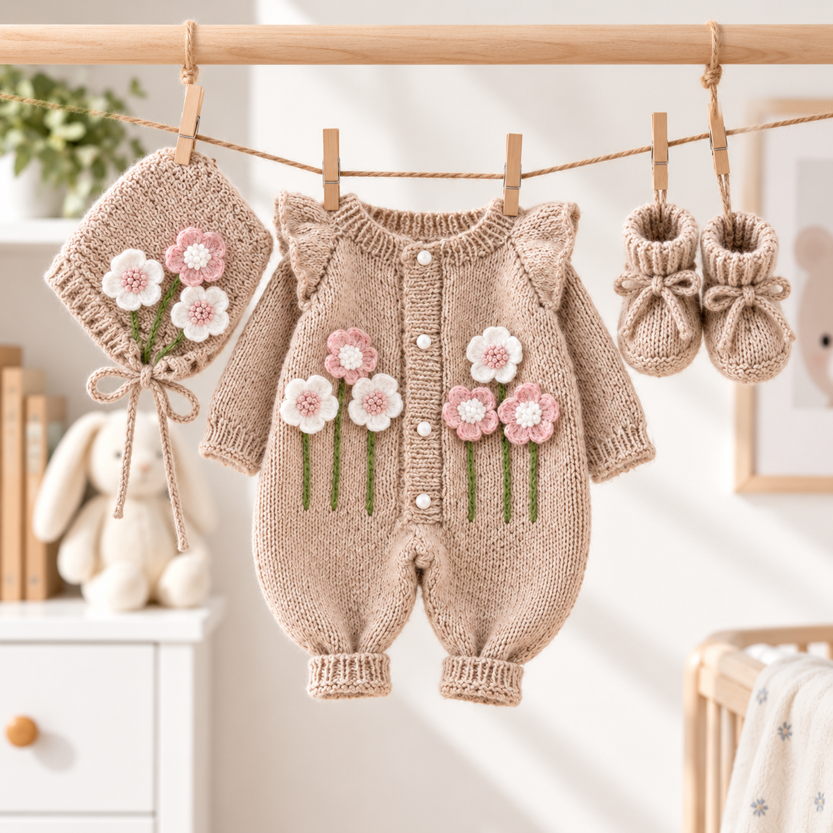 Hand-knitted newborn set with beige romper, floral appliques, bonnet and booties