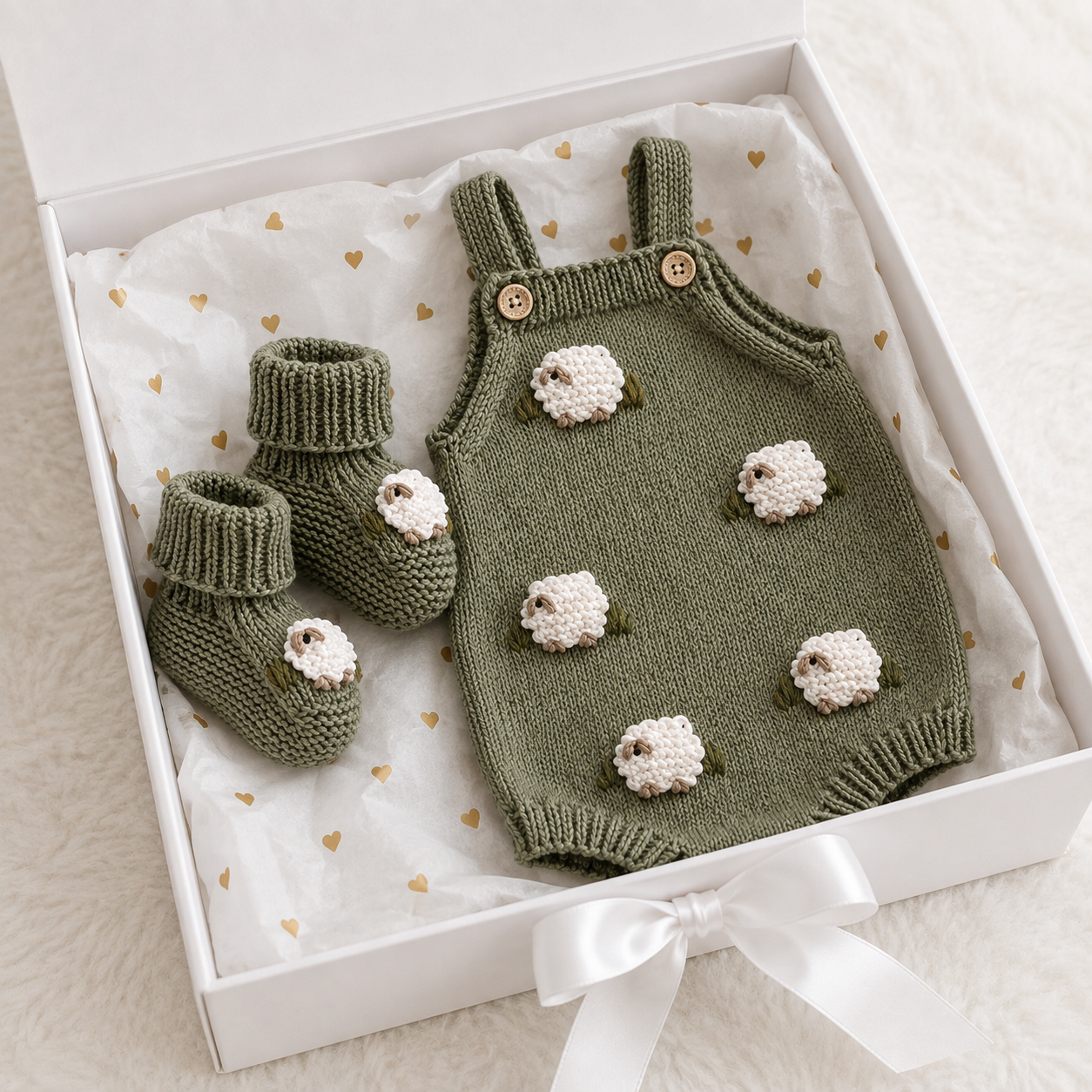 Hand Knitted Newborn Sheep Romper & Booties Set – Sage Green
