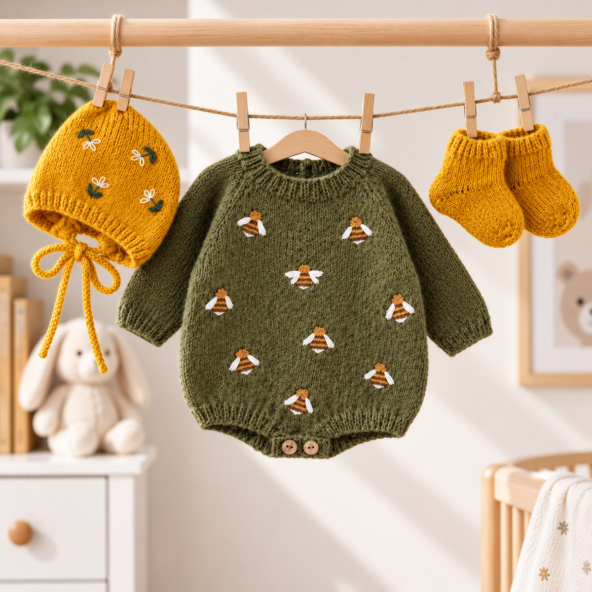 Hand-knit newborn 3-piece set: sage green romper with knit birds, mustard bonnet and booties