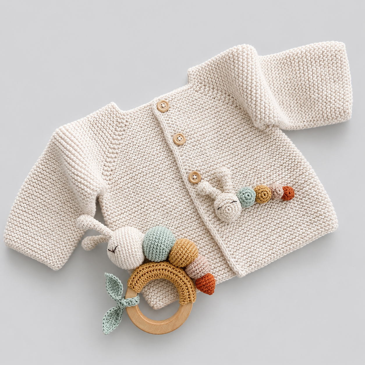 Hand Knitted Newborn Cardigan & Caterpillar Rattle 2-Piece Set