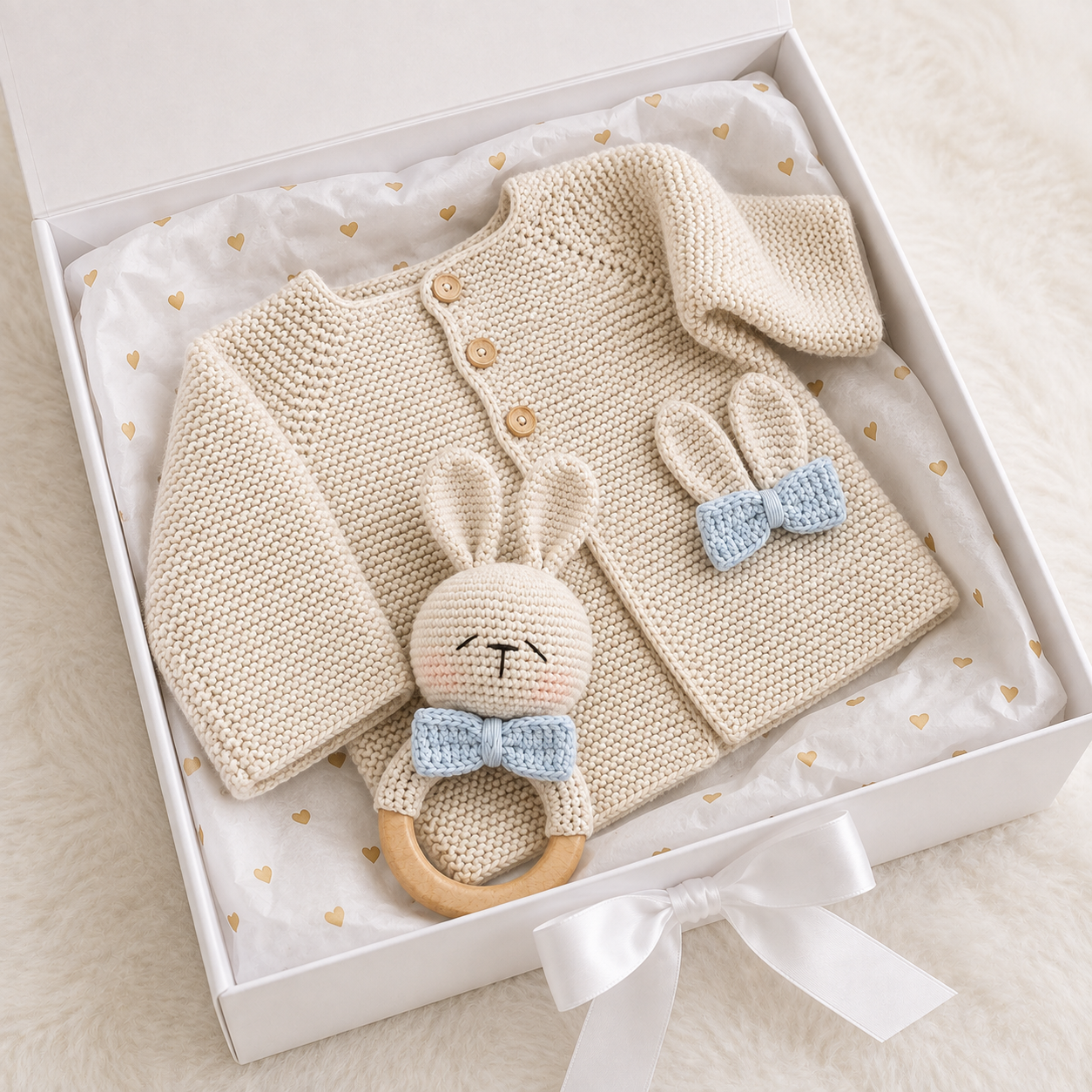 Hand Knitted Newborn Cardigan & Bunny Rattle 2-Piece Set