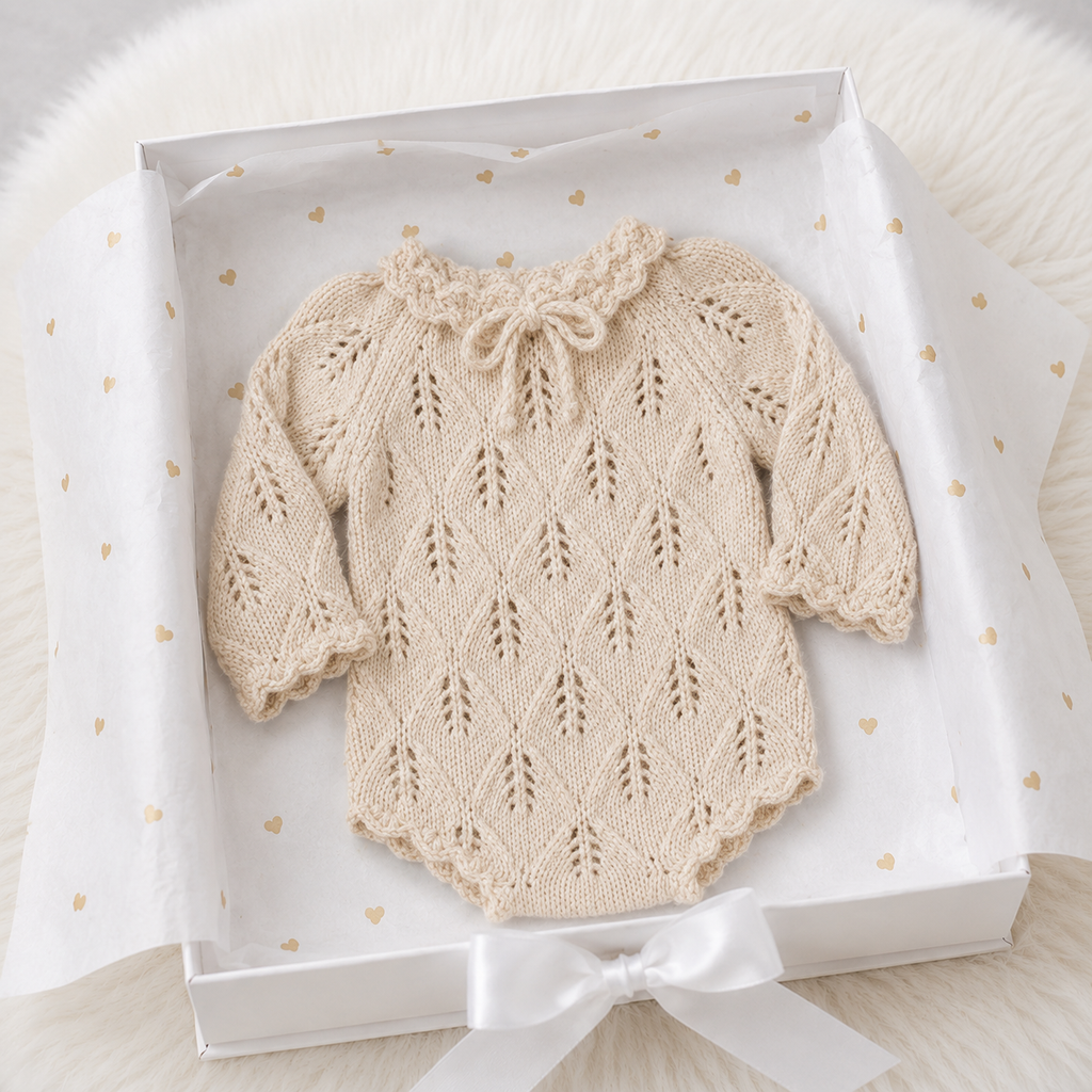 100% Handmade Hand-Crocheted Cream Long Sleeve Newborn Girl Romper