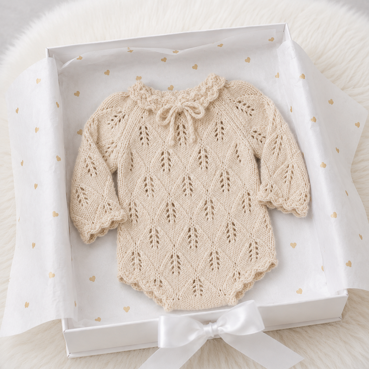 100% Handmade Hand-Crocheted Cream Long Sleeve Newborn Girl Romper