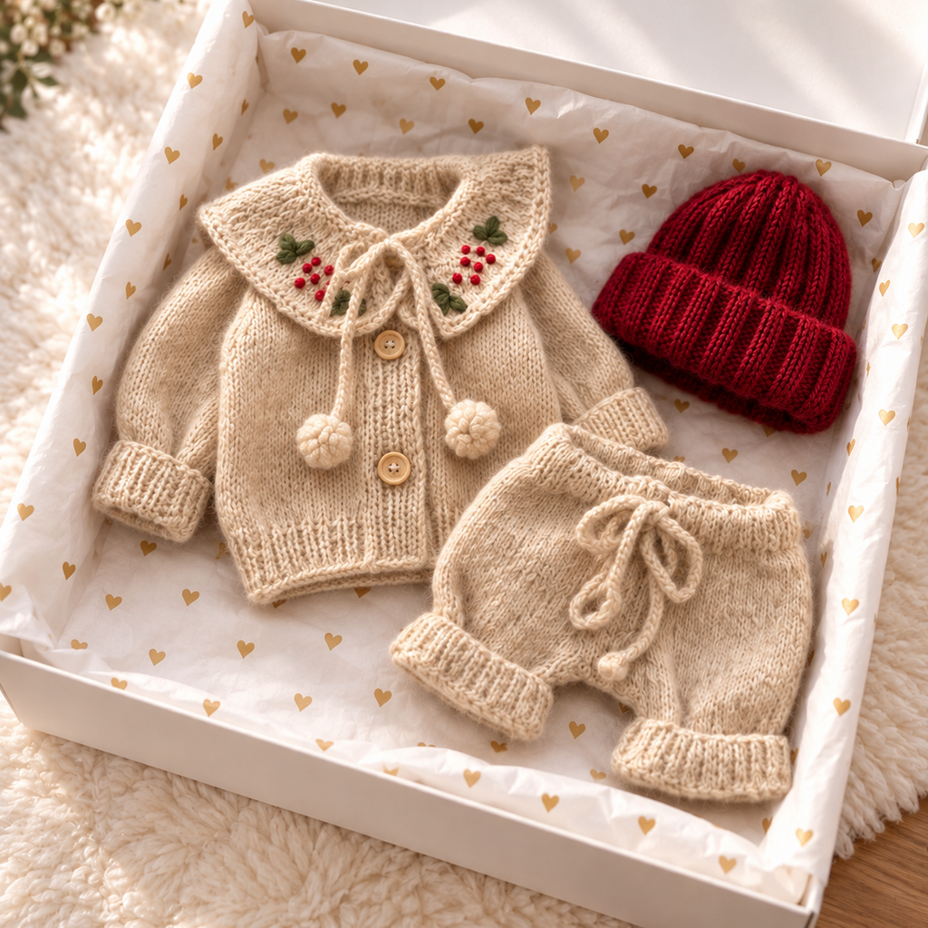 Beige knitted cardigan and pants with bow ties, plus red newborn beanie hat