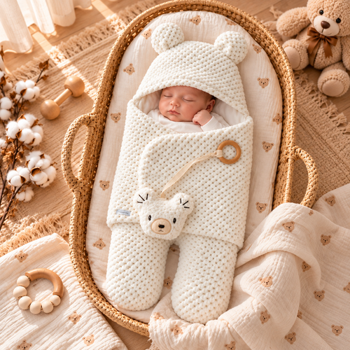 Cream cotton baby swaddle sleeping bag with bear ears, teddy applique, and wooden ring