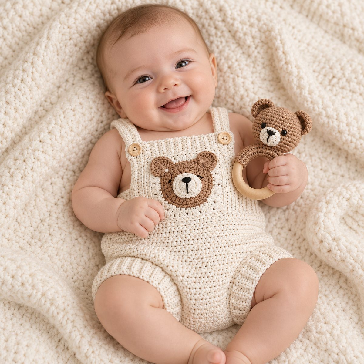 Newborn cream knit romper with teddy bear pocket patch and teddy rattle toy