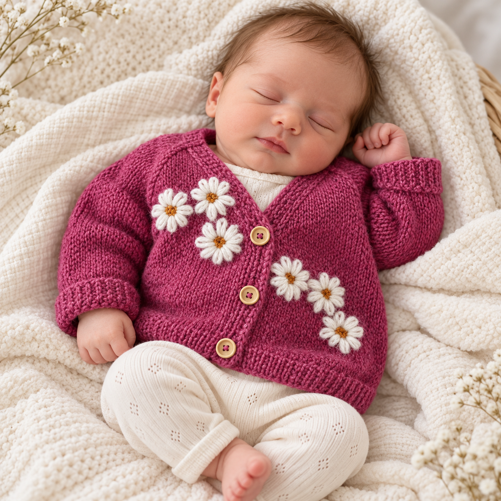 Pink knitted cardigan on sleeping newborn with white daisy appliques and three-button placket