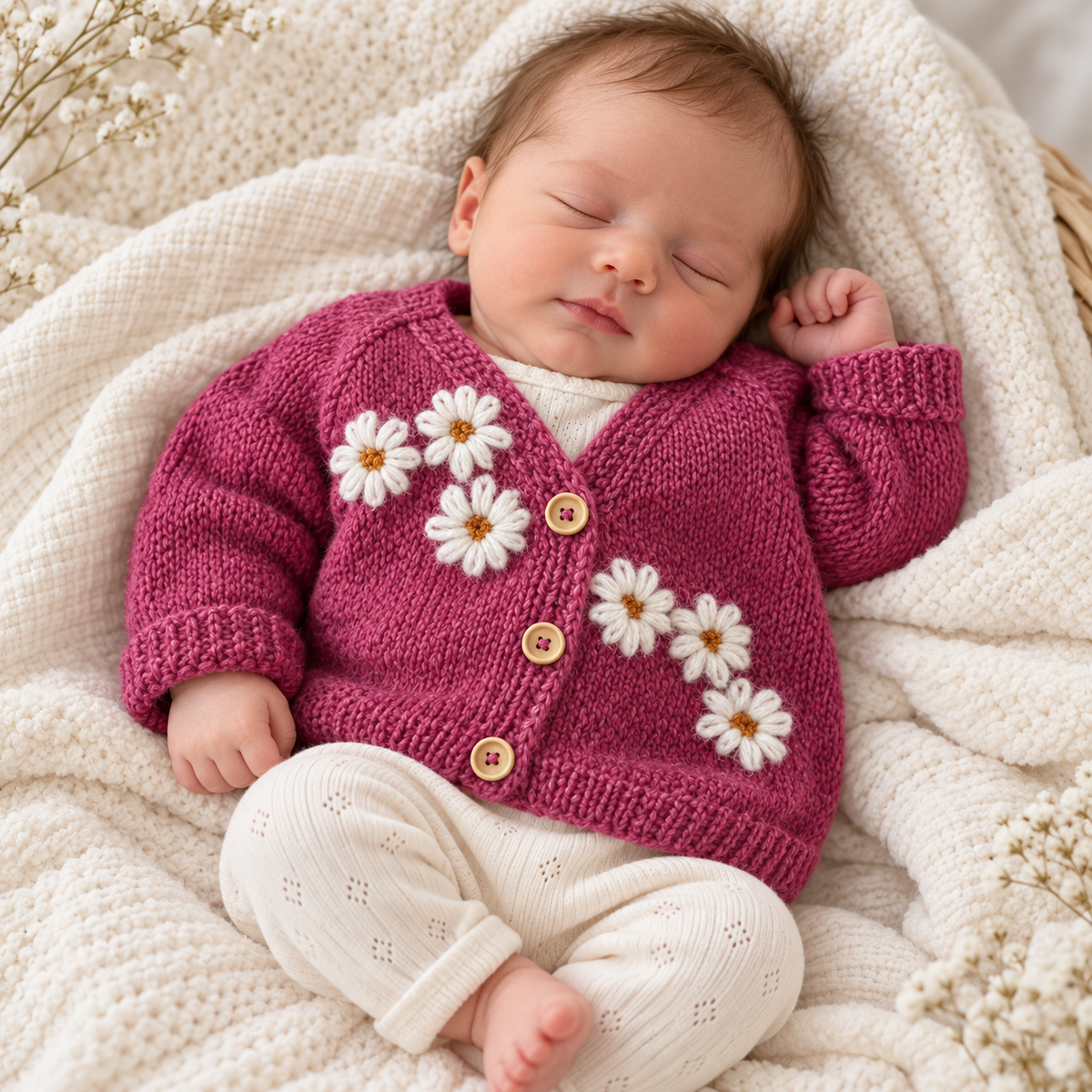 Pink knitted cardigan on sleeping newborn with white daisy appliques and three-button placket