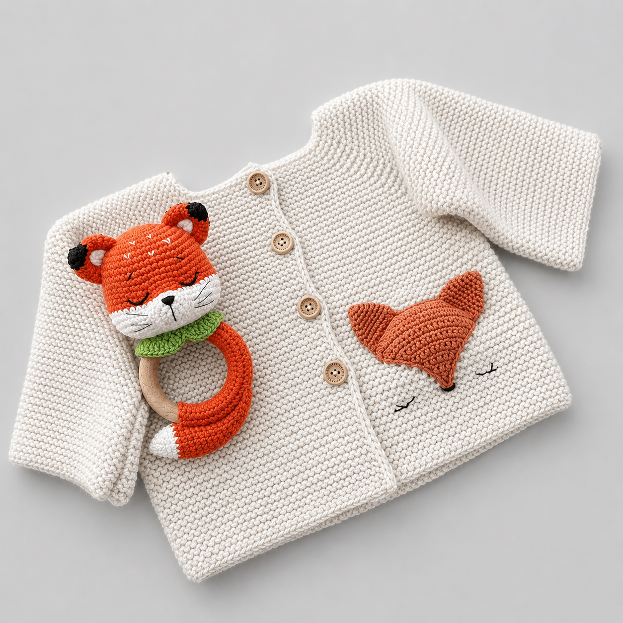 Hand Knitted Newborn Cardigan & Fox Rattle 2-Piece Set