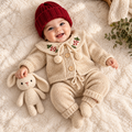 Newborn wearing beige knitted cardigan and bow-tie pants with red knit beanie
