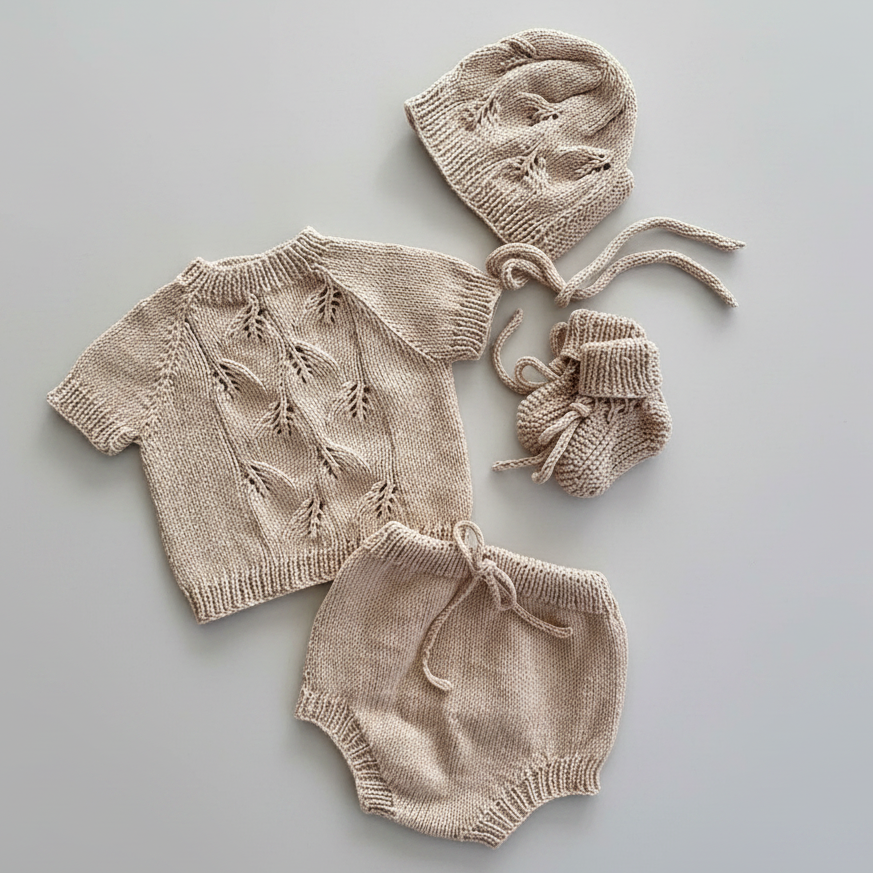 100% Hand Knitted Newborn Leaf Detail 4-Piece Set – Beige Sweater, Bloomers, Bonnet & Booties