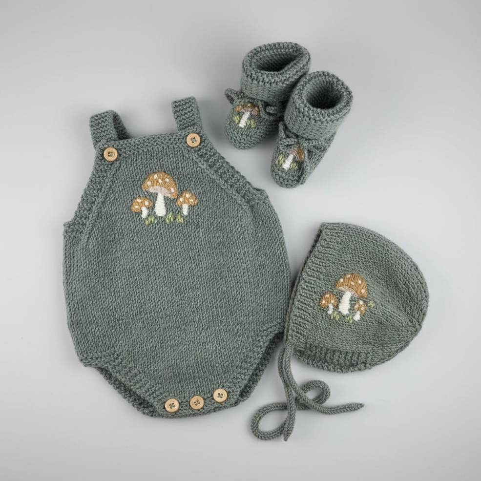 100% Hand Knitted Newborn Mushrooms Detail 3-Piece Set – Romper, Bonnet & Booties