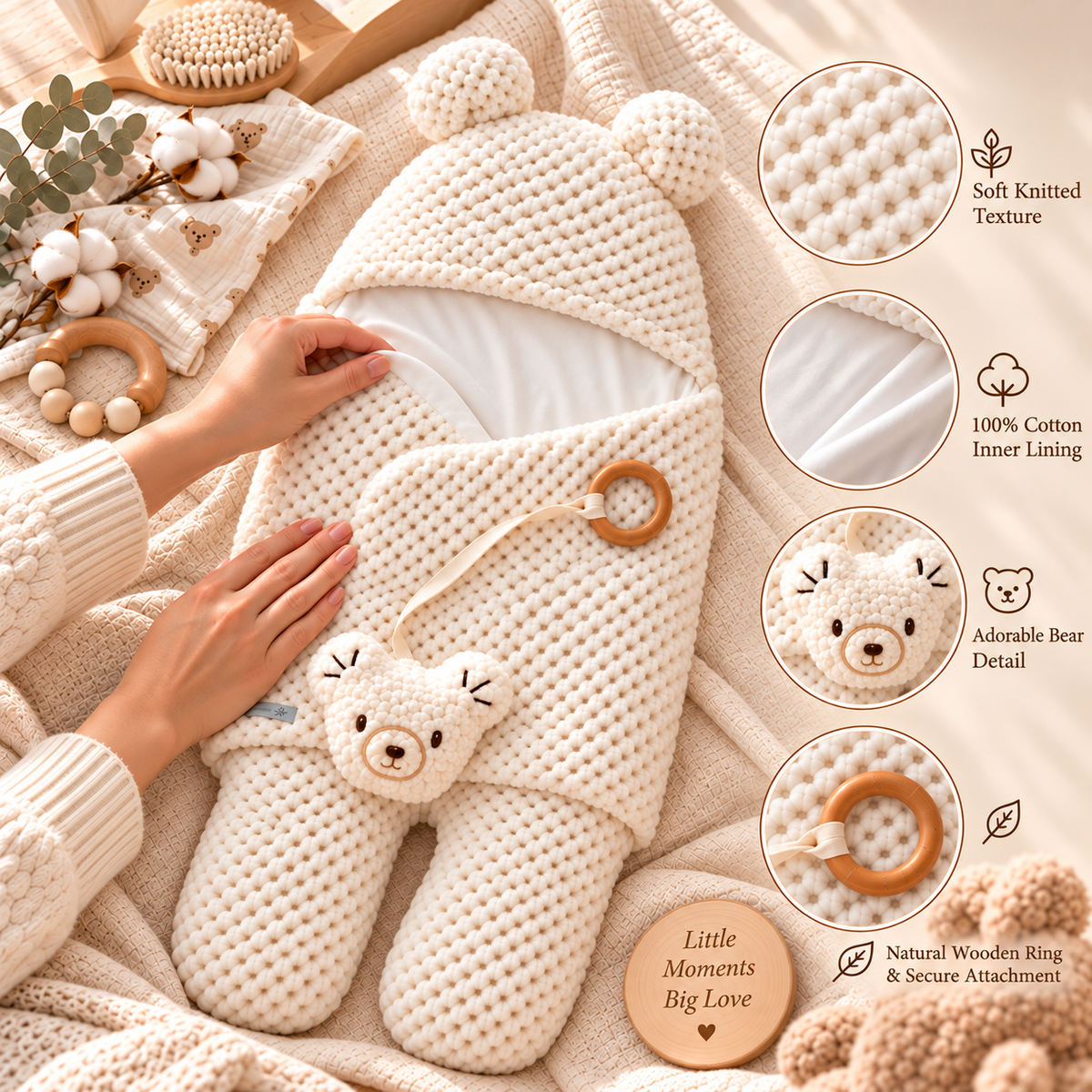 Cream knit cotton swaddle sleeping bag with bear-eared hood, teddy face and wooden ring