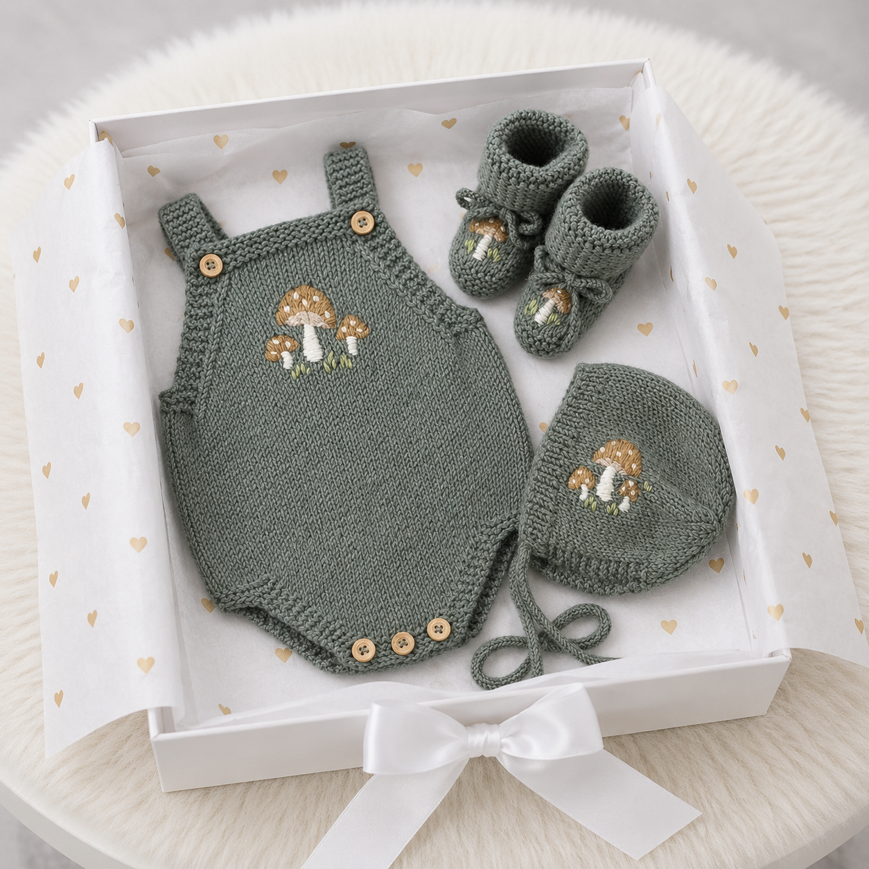 100% Hand Knitted Newborn Mushrooms Detail 3-Piece Set – Romper, Bonnet & Booties