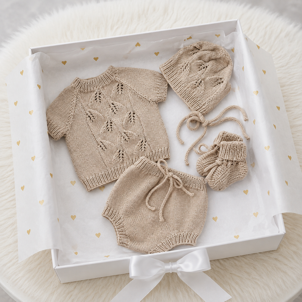100% Hand Knitted Newborn Leaf Detail 4-Piece Set – Beige Sweater, Bloomers, Bonnet & Booties