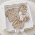 100% Hand Knitted Newborn Leaf Detail 4-Piece Set – Beige Sweater, Bloomers, Bonnet & Booties