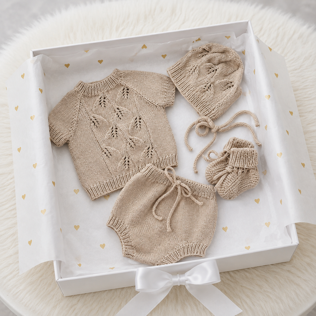 100% Hand Knitted Newborn Leaf Detail 4-Piece Set – Beige Sweater, Bloomers, Bonnet & Booties