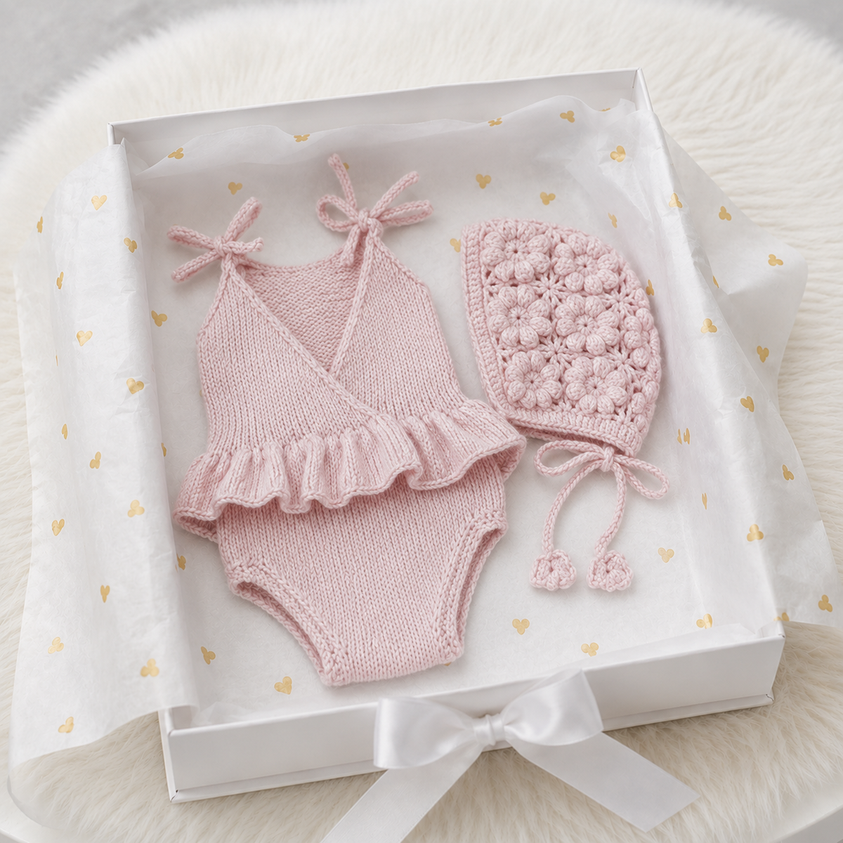 100% Hand Knitted Newborn 2-Piece Set – Pink Romper, Bonnet