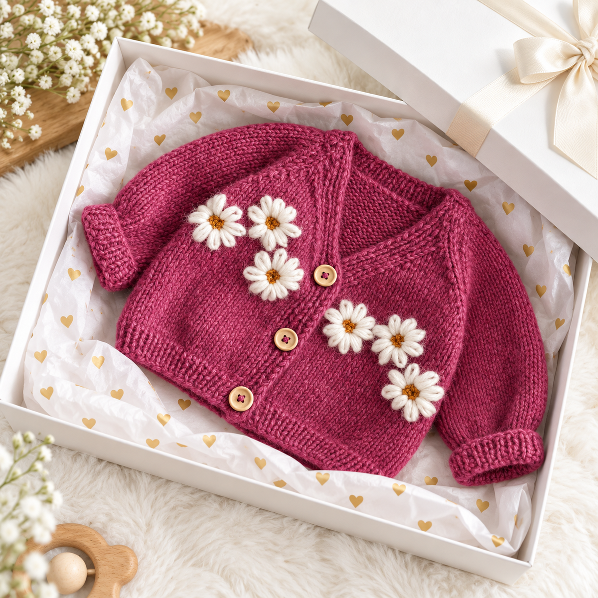 Pink knitted baby cardigan with white daisy appliques and button front