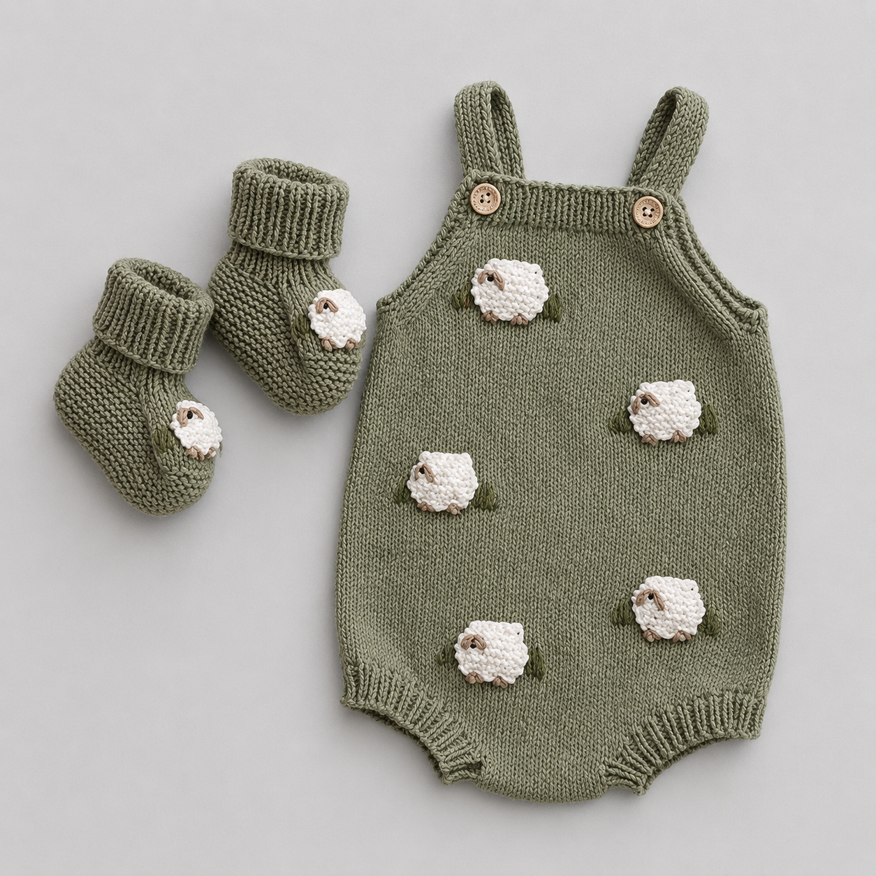 Hand Knitted Newborn Sheep Romper & Booties Set – Sage Green