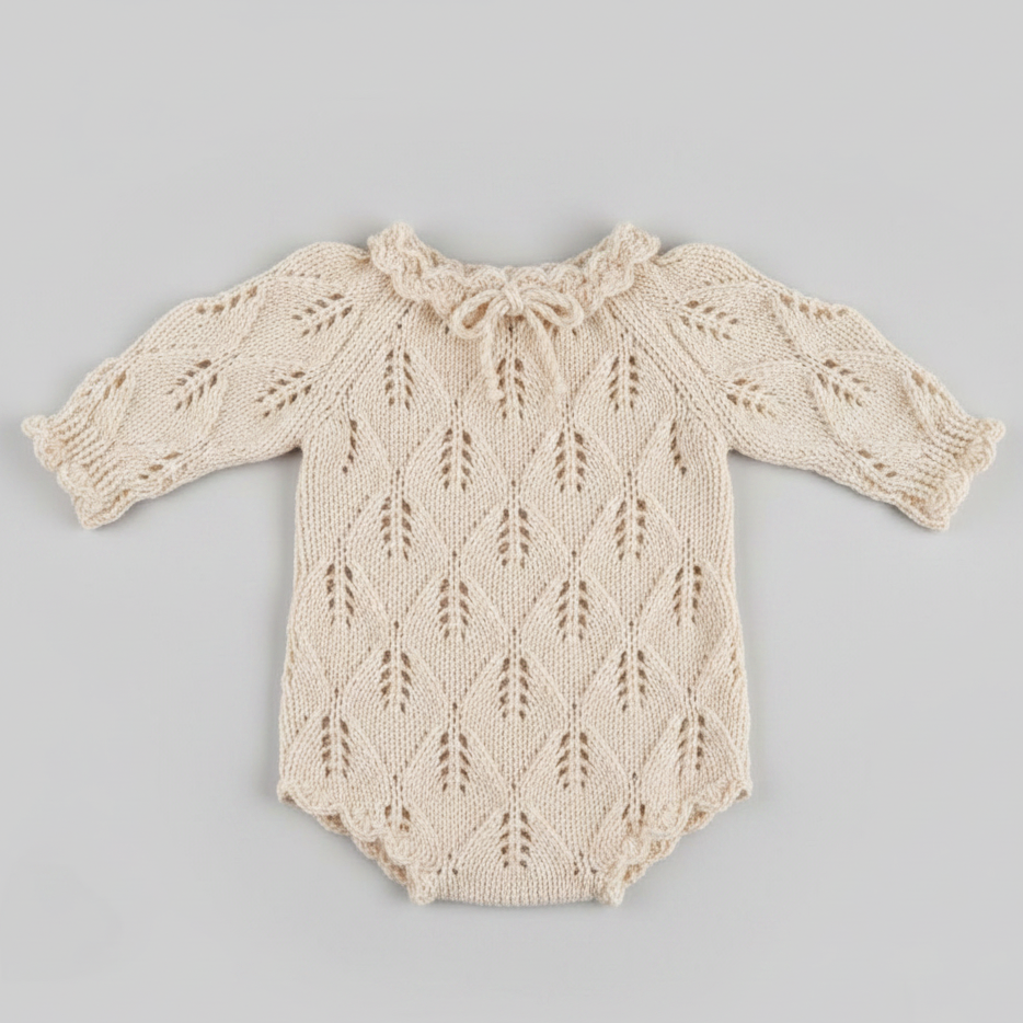 100% Handmade Hand-Crocheted Cream Long Sleeve Newborn Girl Romper