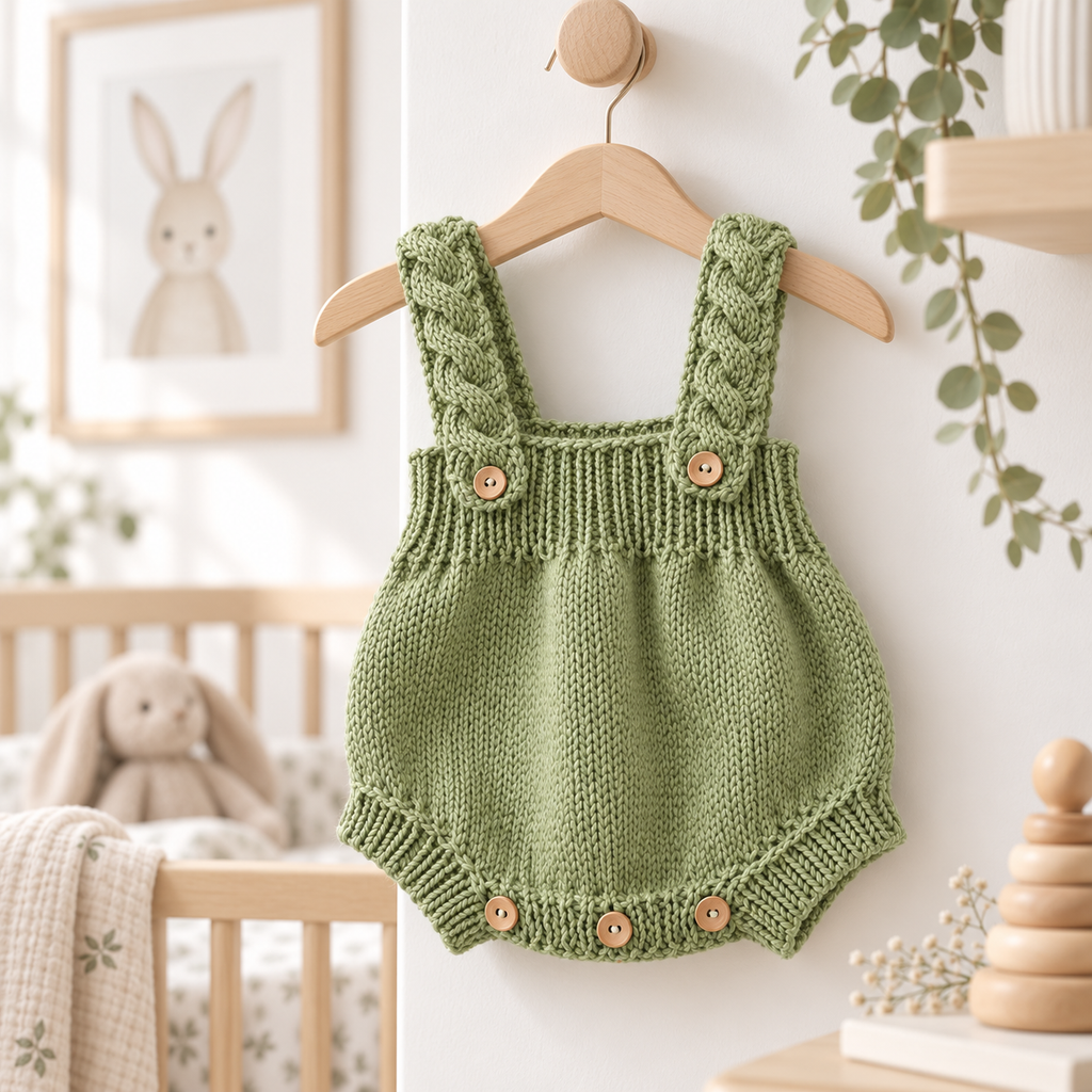 Green crochet newborn dungaree romper with square neck straps and button front