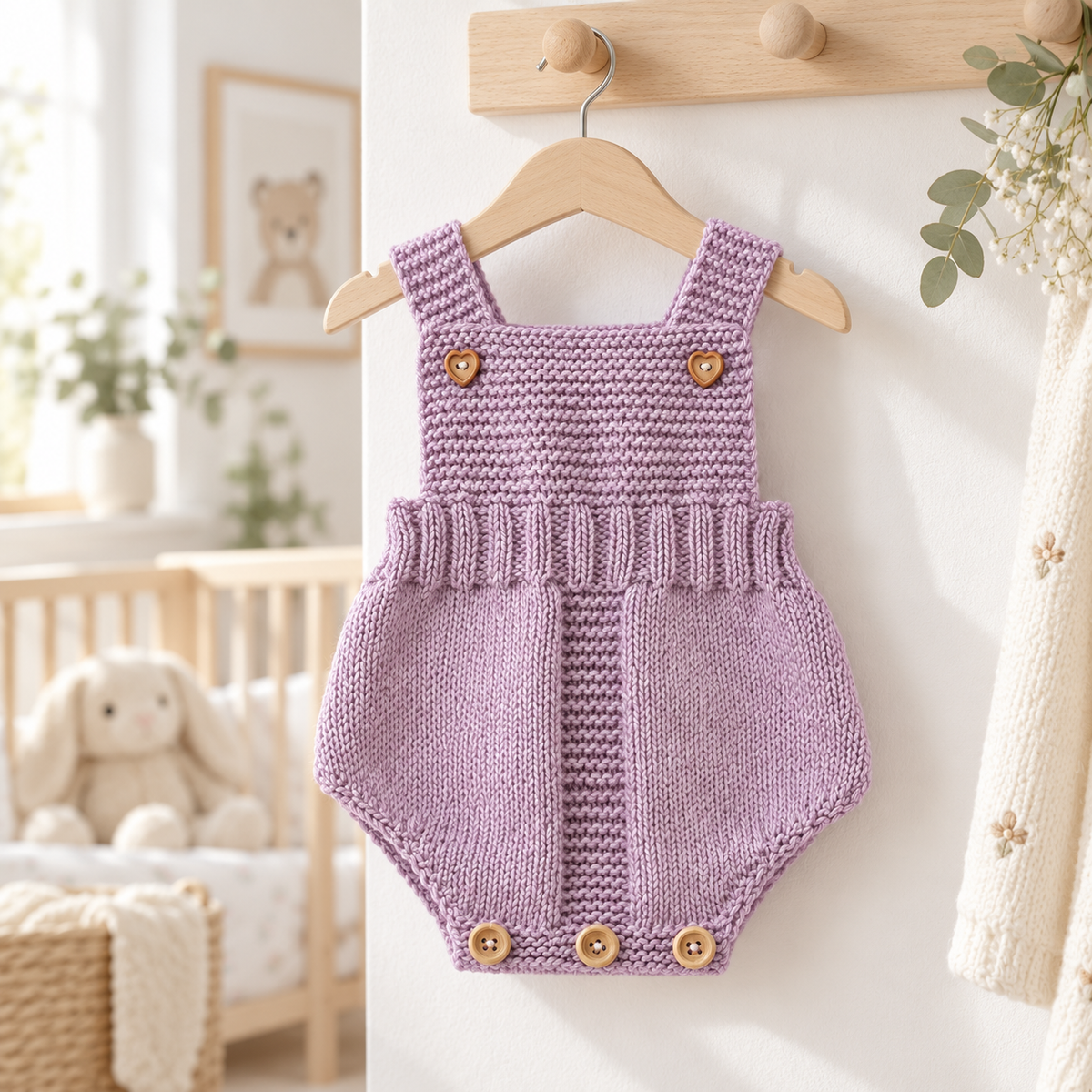 Purple crochet newborn romper with two-button straps and snap-button legs