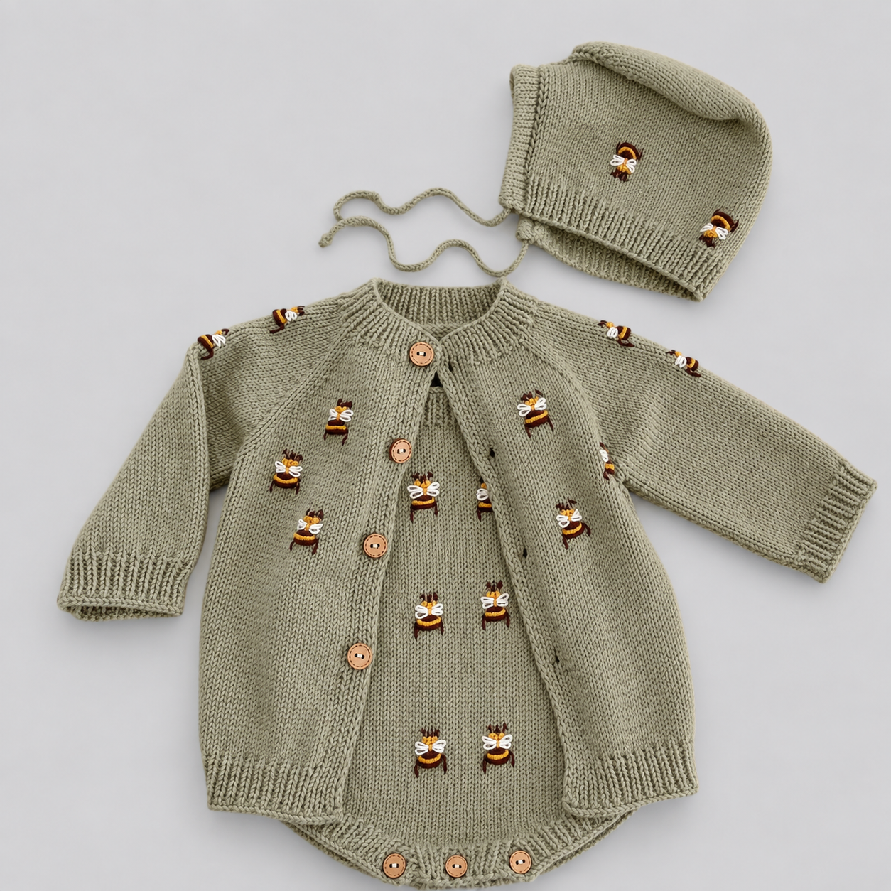 Hand Knitted Newborn Bee Detail 3-Piece Set – Romper, Cardigan & Bonnet