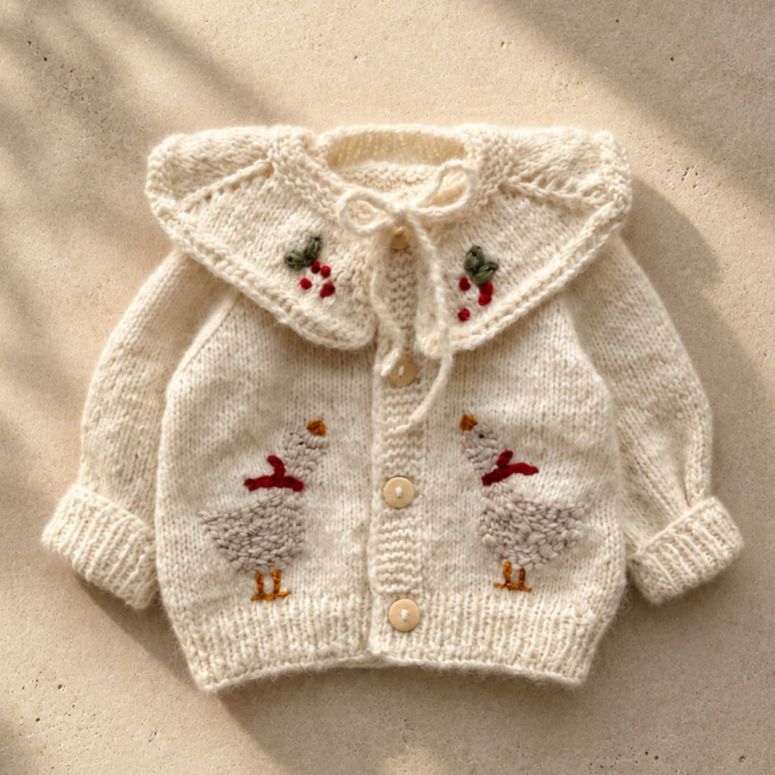 Cream knit baby cardigan with scalloped collar, button front, embroidered birds