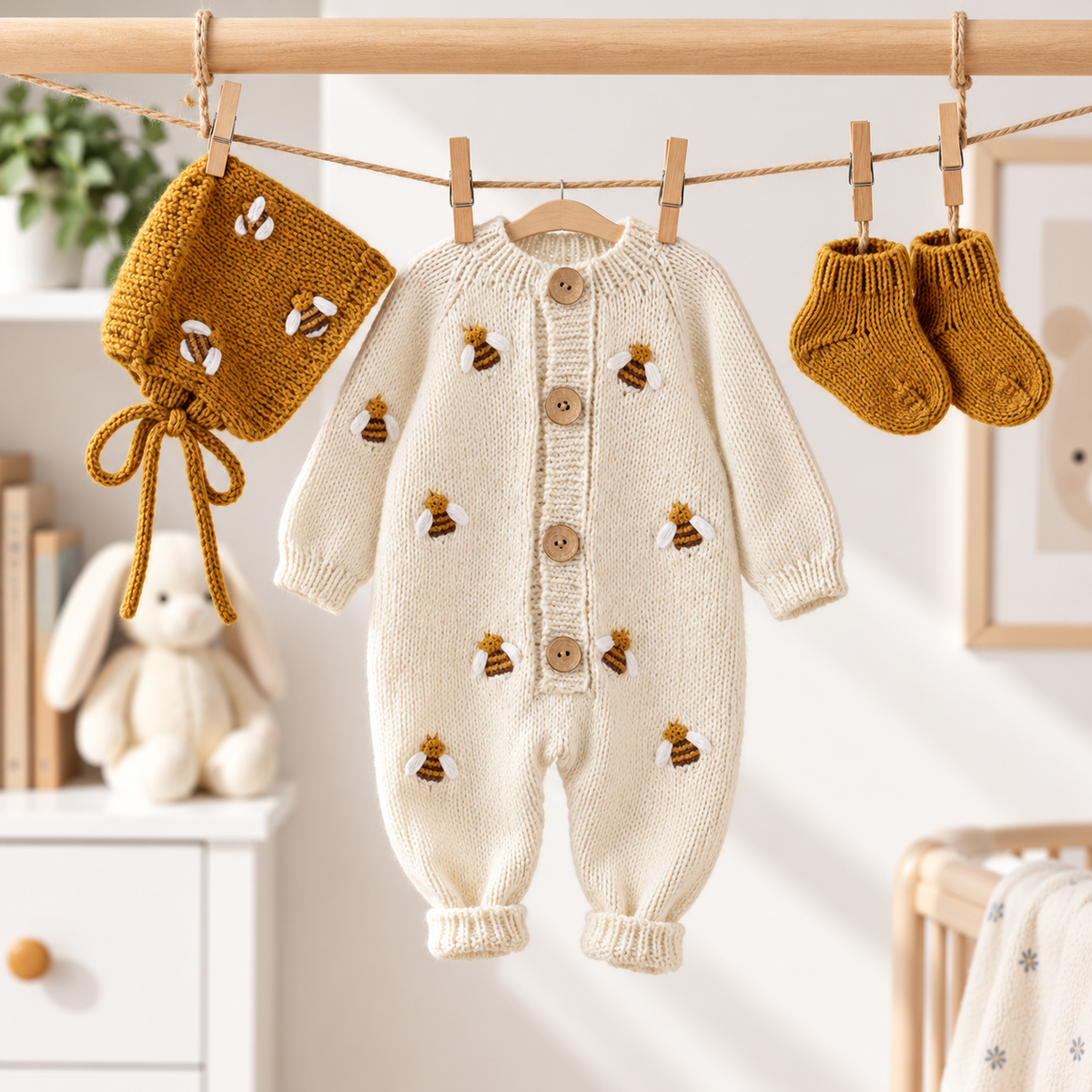 Hand-knitted newborn 3-piece set: white bee romper with buttons, mustard bonnet and booties