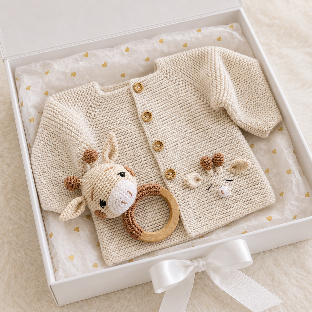 Hand Knitted Newborn Cardigan & Giraffe Rattle 2-Piece Set