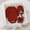 100% Hand Knitted Newborn 3-Piece Set – Orange Romper, Bonnet & Booties