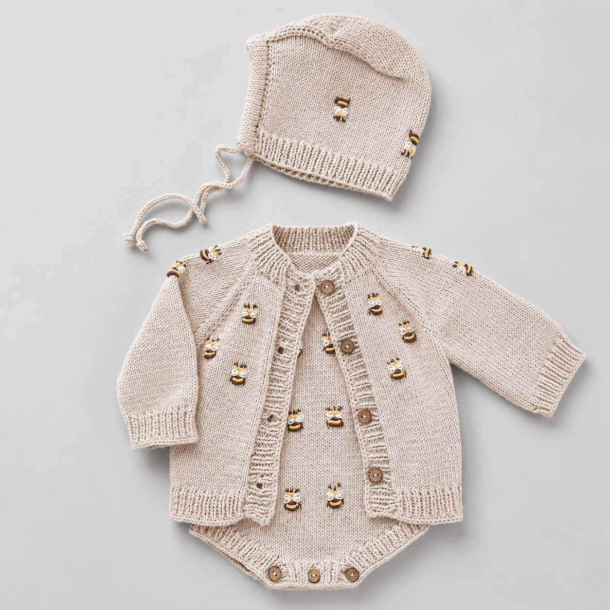 Hand Knitted Newborn Bee Detail 3-Piece Set – Romper, Cardigan & Bonnet
