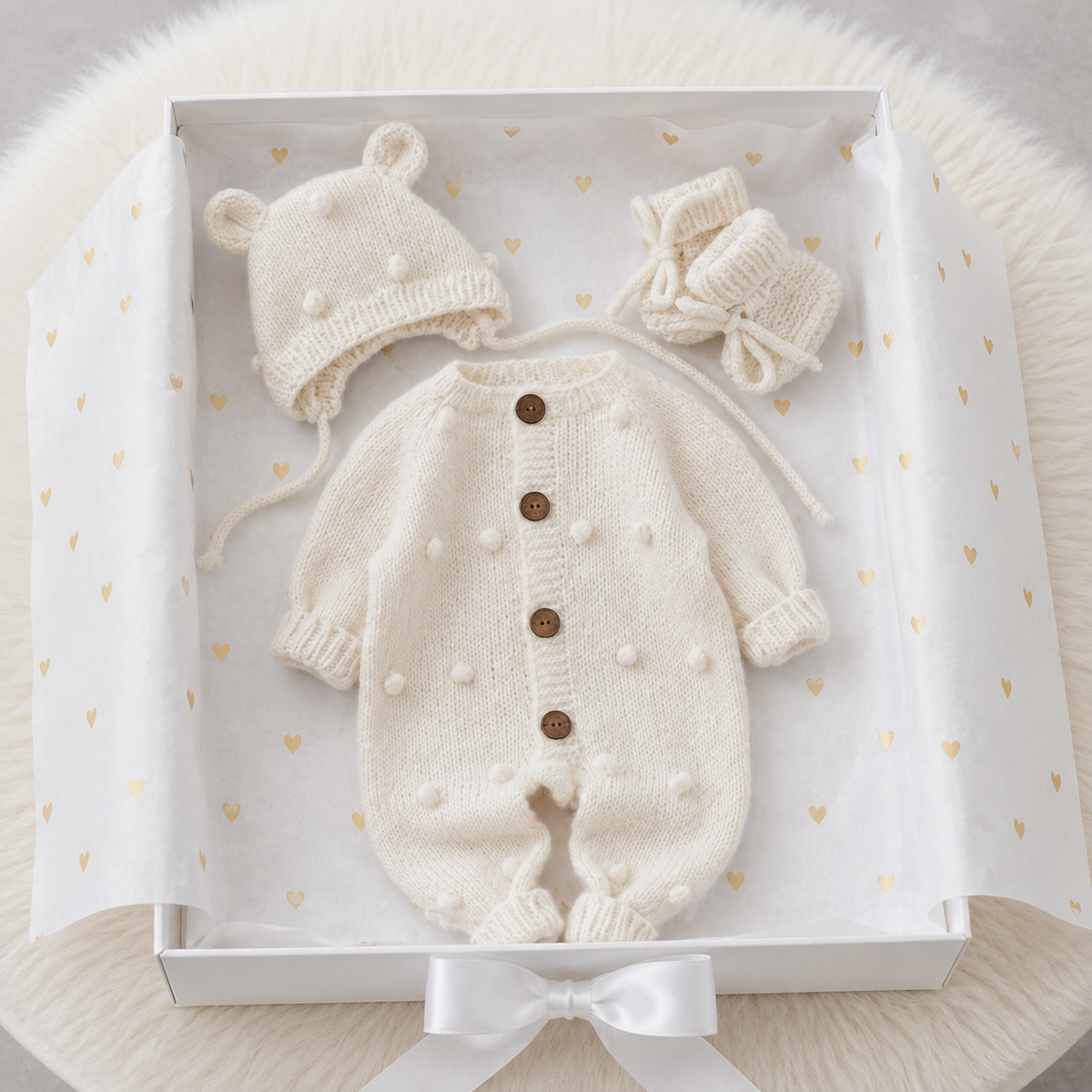 100% Hand Knitted Newborn 3-Piece Set – White Romper, Bonnet & Booties