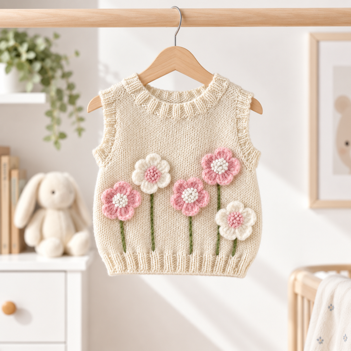 Newborn floral sweater vest, sleeveless off-white knit with pink/white flowers and green stems